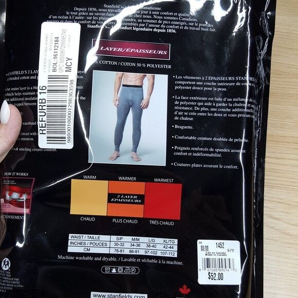 STANFIELDS Long Johns Mens Medium Gray 2 Layer Fitted Base Layer Pants - Picture 5 of 6